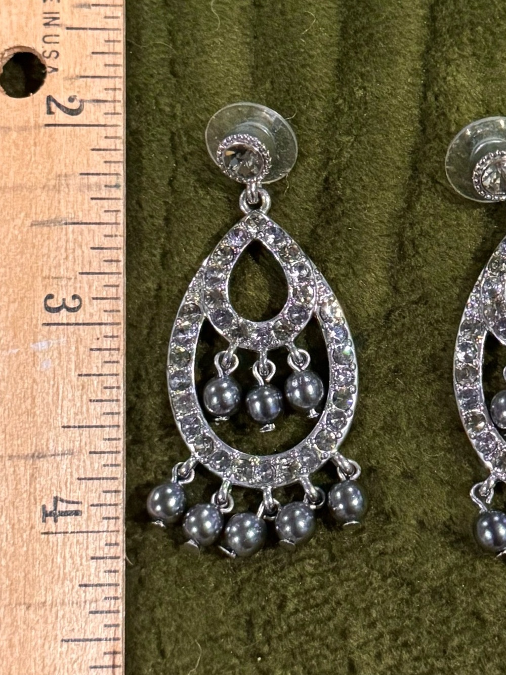 Silver and Gunmetal Bead Teardrop Dangle Earrings w/ Rhinestones- Glam! - Picture 4 of 4
